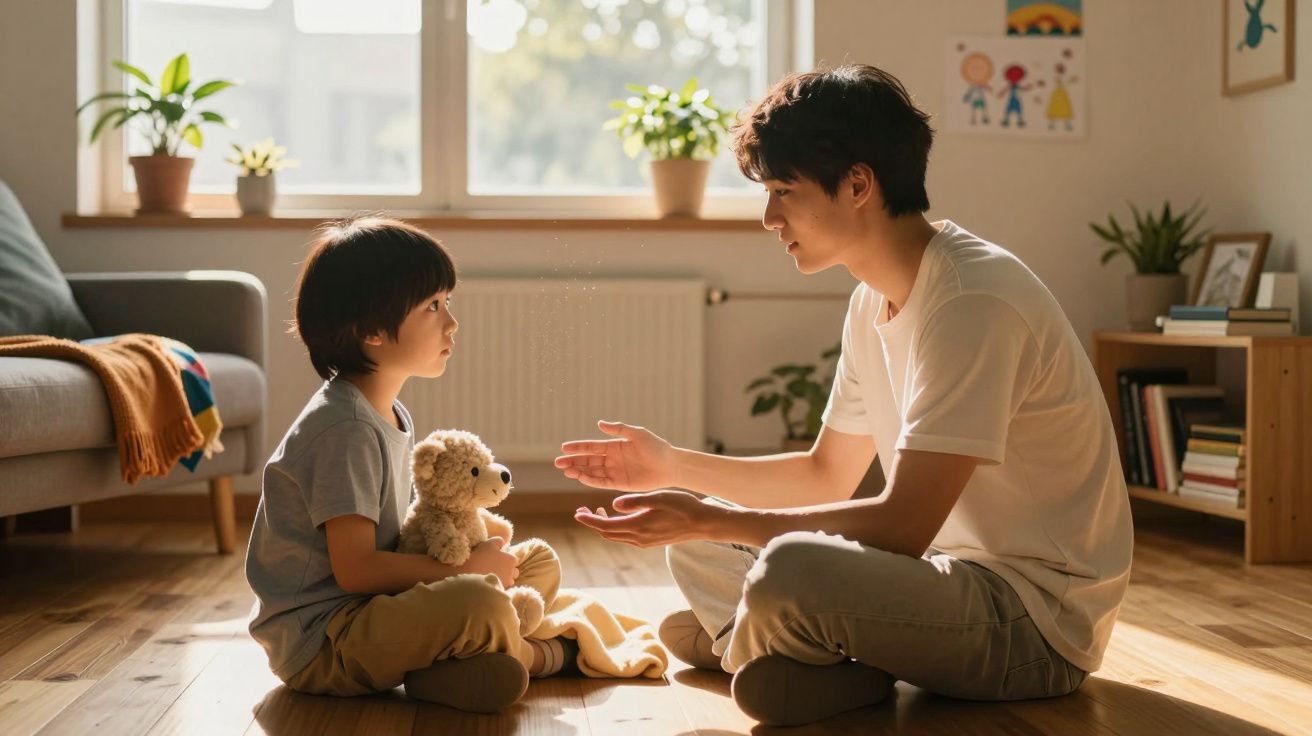 Homem e criança sentados no chão de madeira, com criança a segurar um ursinho de peluche numa sala iluminada.