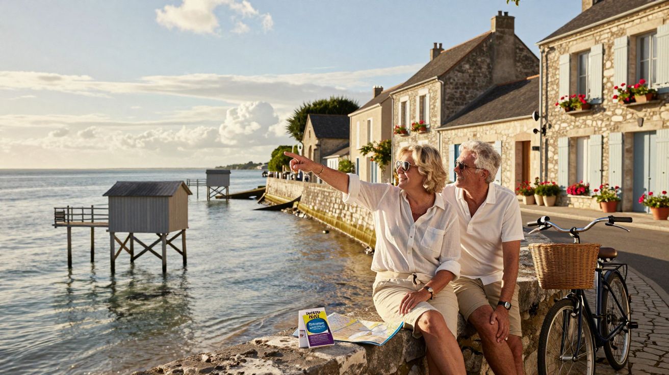 Casal sénior sentado junto ao mar numa vila costeira com casas de pedra e bicicleta encostada.