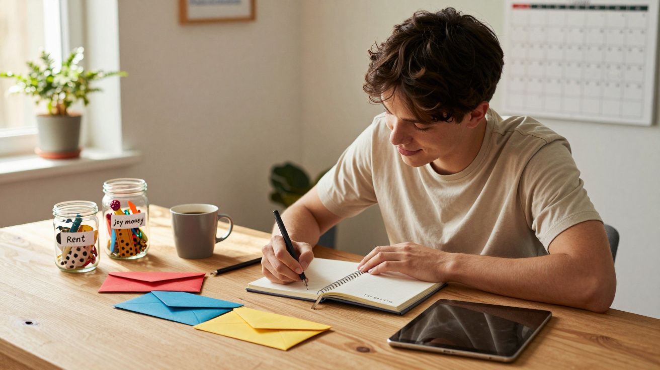 Jovem a planear orçamento com cadernos, envelopes coloridos e frascos etiquetados numa mesa de madeira.