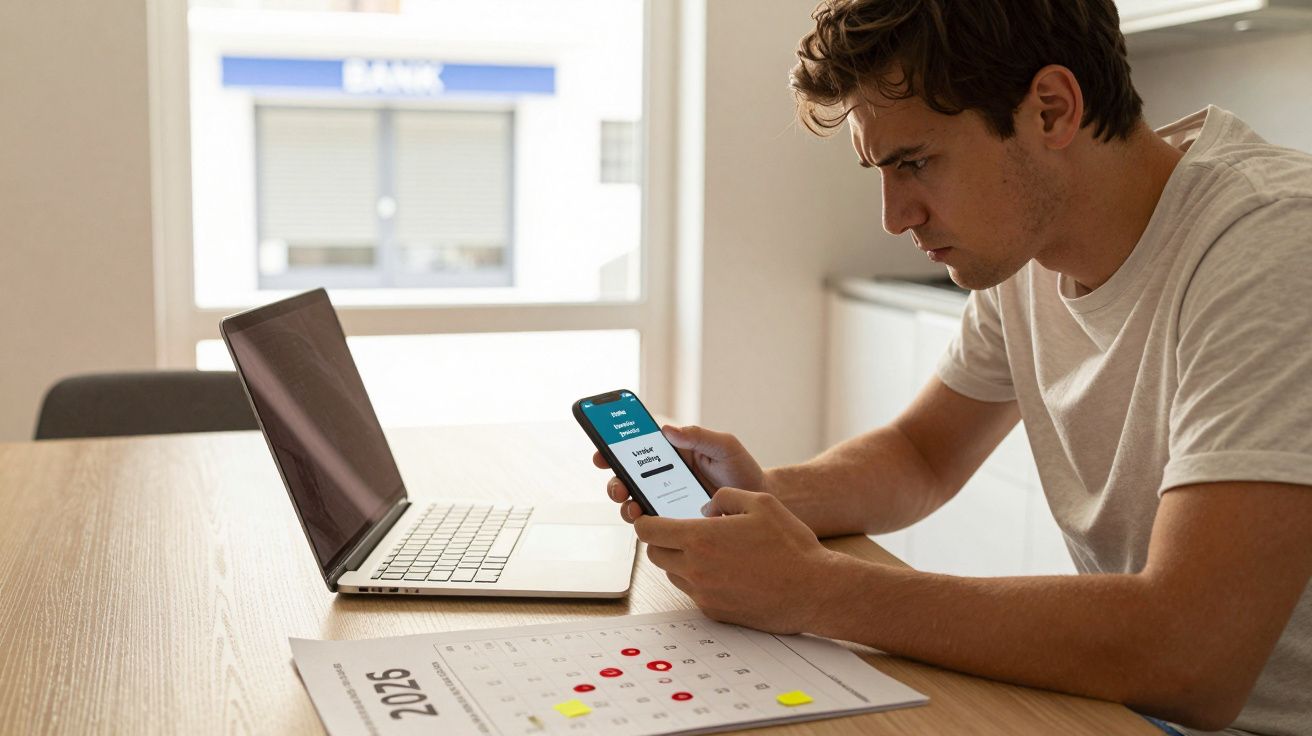 Homem sentado a usar telemóvel com computador e calendário na mesa, em ambiente doméstico.