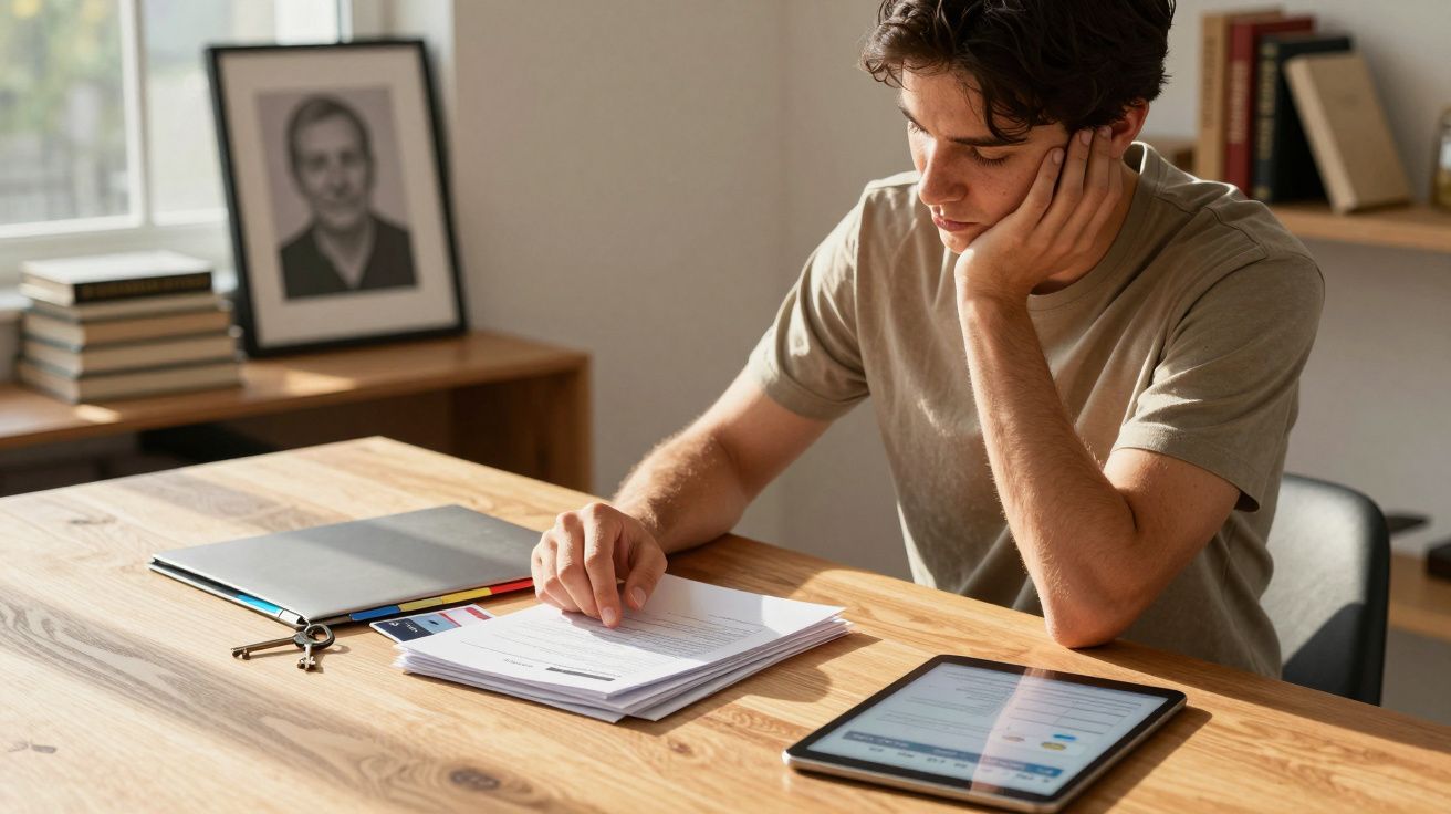 Homem jovem sentado a ler documentos numa mesa de madeira com tablet e livros ao lado.