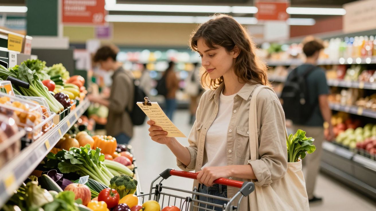 Mulher jovem lê lista de compras enquanto escolhe legumes e frutas num supermercado.