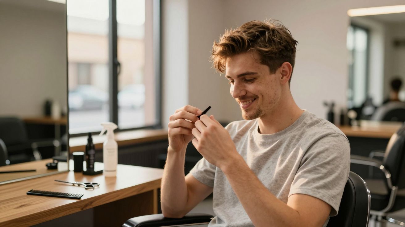 Homem sorridente a limpar ou aparar a barba sentado numa cadeira numa barbearia moderna.
