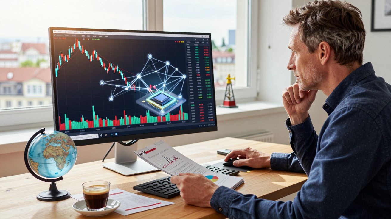 Homem sentado a analisar gráficos financeiros e dados tecnológicos num computador num escritório com luz natural.