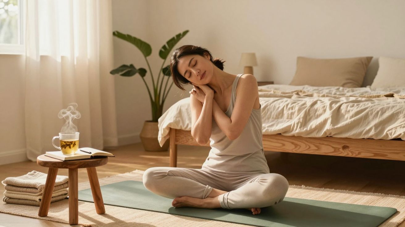 Mulher sentada em tapete de yoga junto a cama, a alongar o pescoço com chá quente numa mesa pequena ao lado.