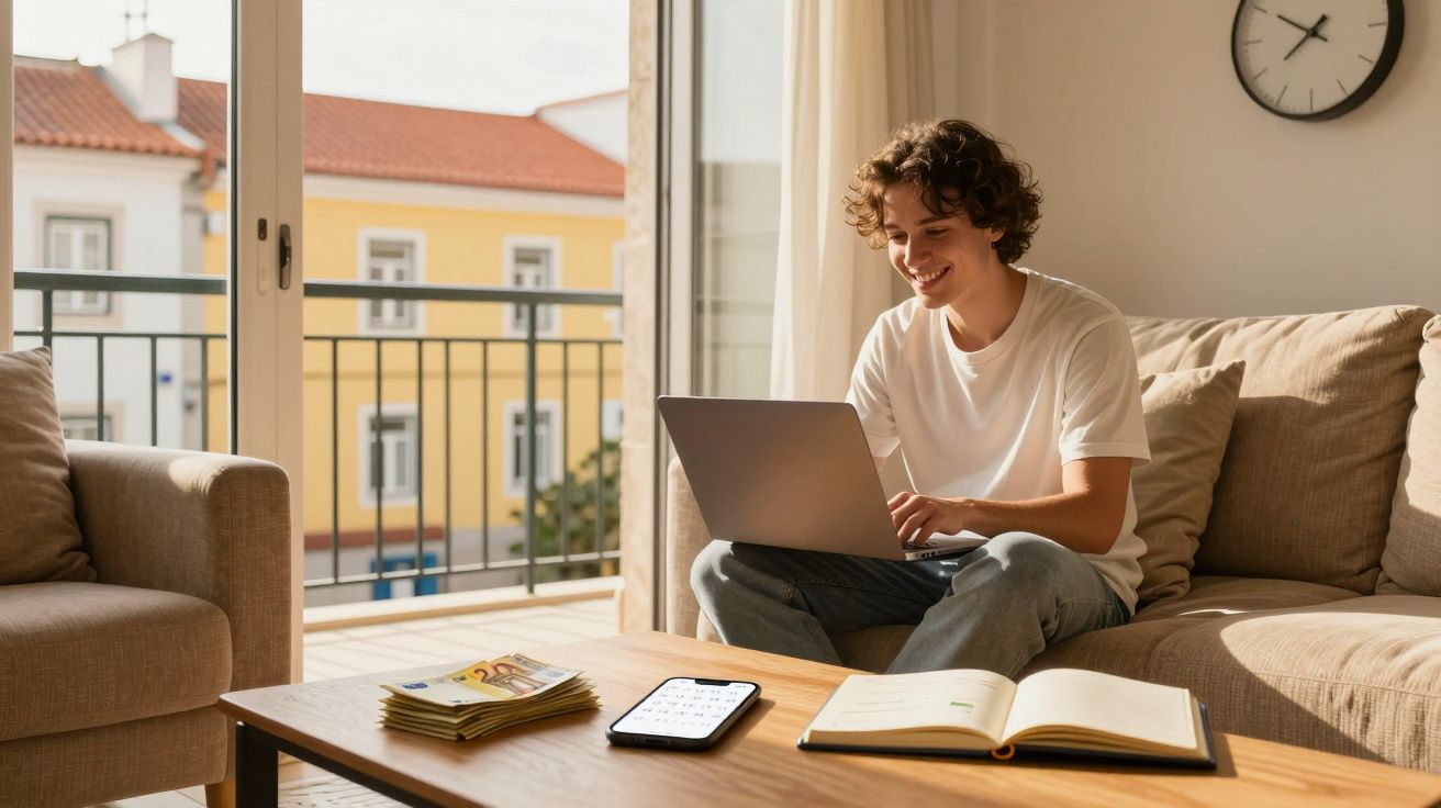Jovem sentado no sofá a usar um portátil numa sala iluminada, com mesa com livros e telefone à frente.