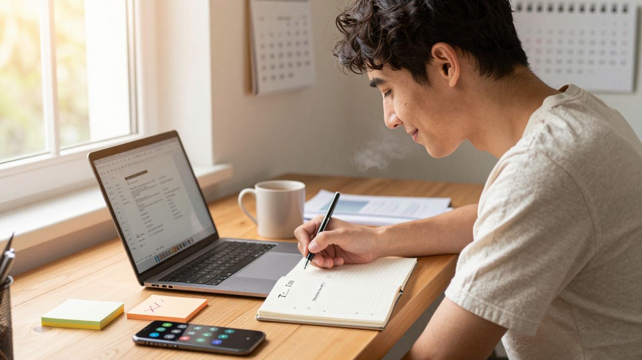 Jovem a estudar em casa, a escrever num caderno com portátil, telemóvel e chá quente na secretária junto à janela.