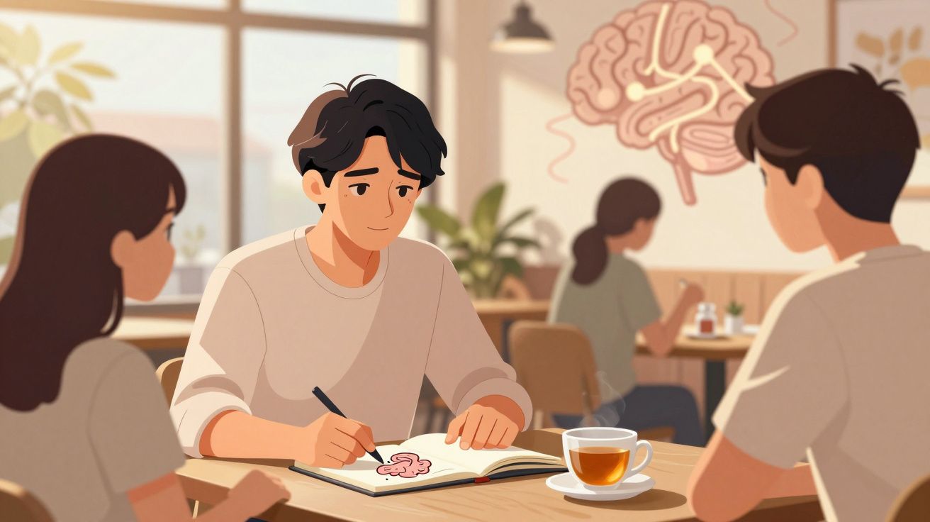 Jovem a desenhar um cérebro num caderno enquanto conversa com outras duas pessoas num café.