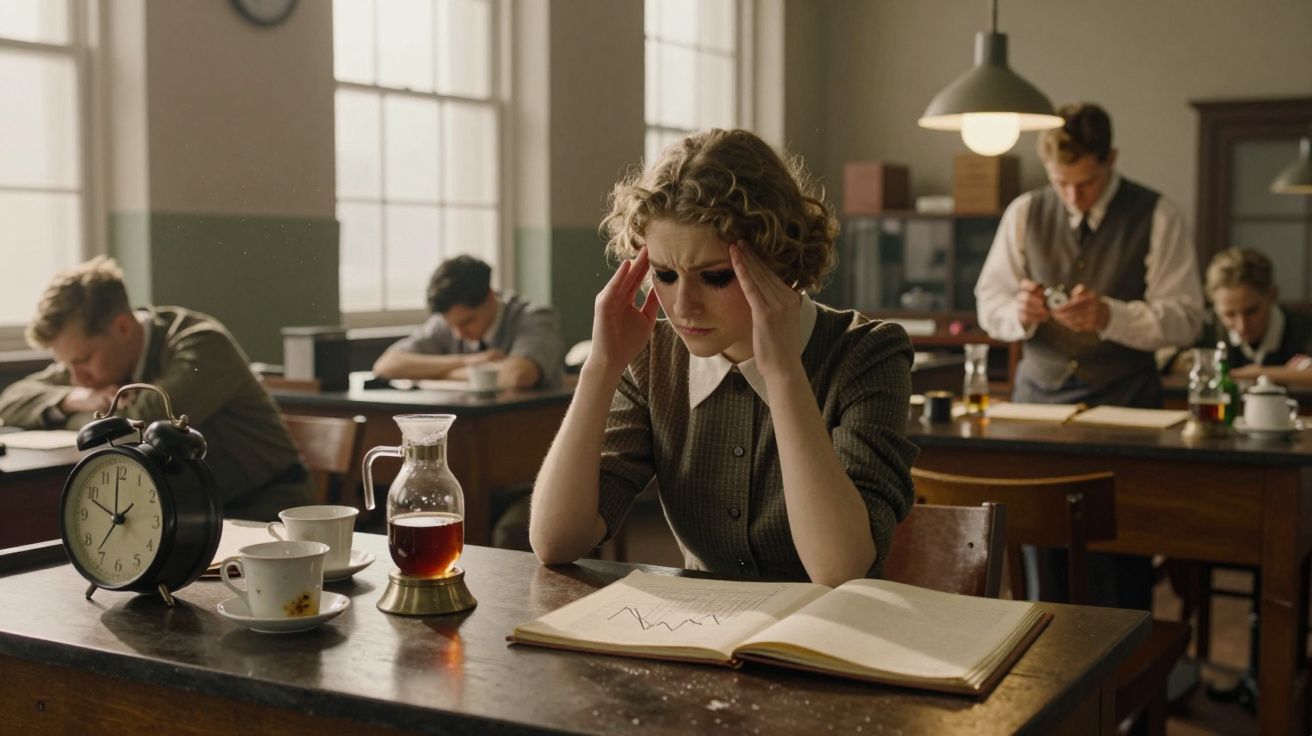 Mulher com expressão preocupada estuda gráficos numa sala de aula antiga com relógio e chá sobre a mesa.
