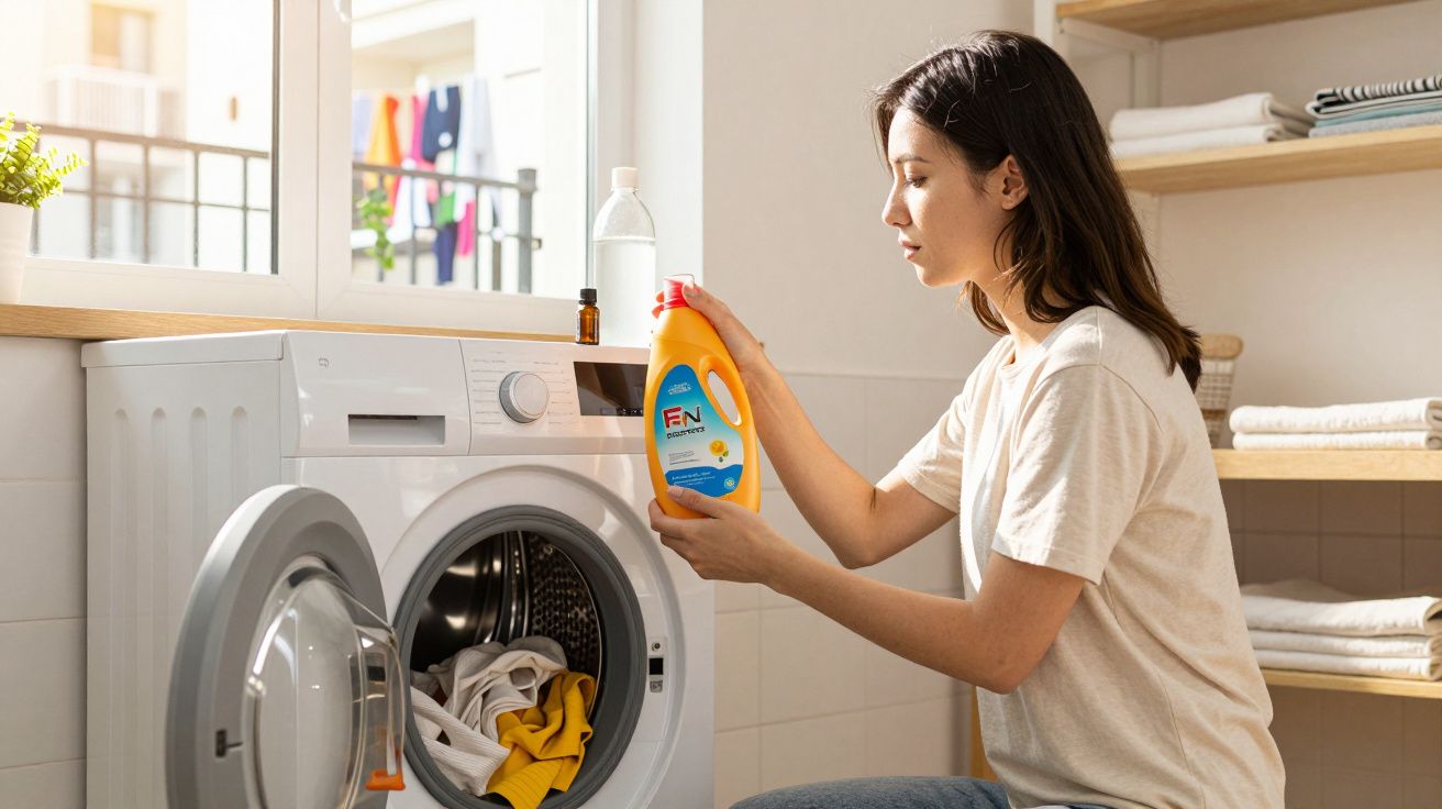 Mulher a colocar detergente na máquina de lavar roupa numa casa iluminada com janela aberta.