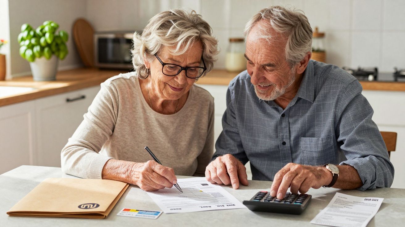 Casal sénior sentado à mesa a calcular orçamentos e preencher documentos com sorriso.