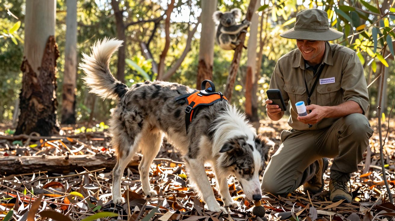 Homem com roupa de explorador e cão com colete laranja em floresta, enquanto um coala está numa árvore ao fundo.