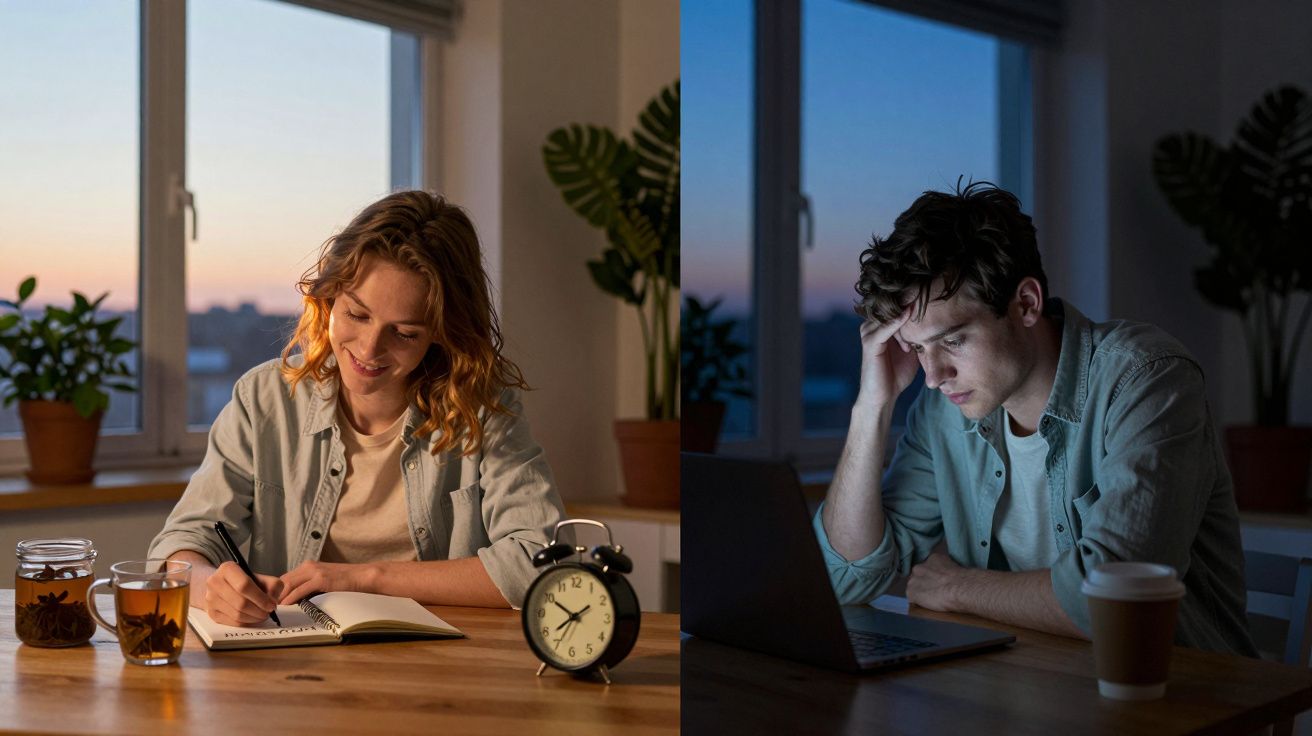 Mulher a estudar e homem preocupado a trabalhar no computador, ambos em casa à noite.