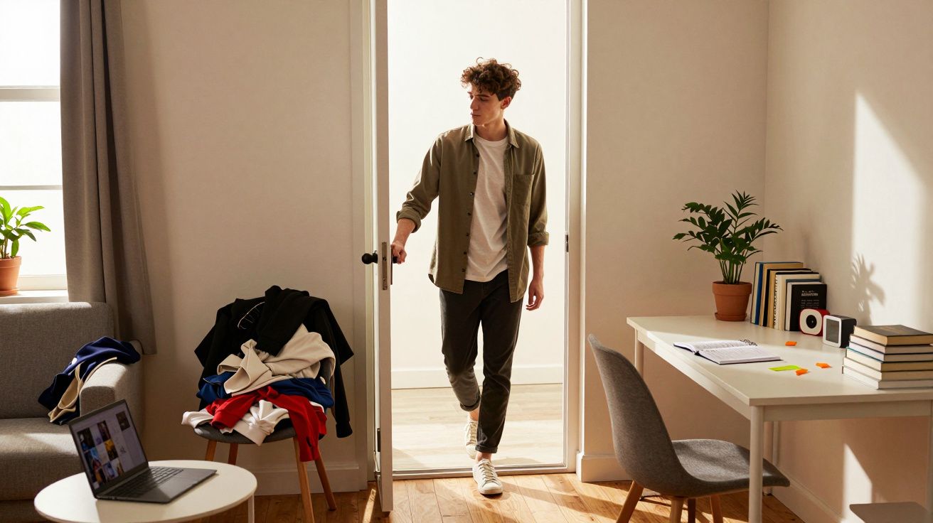 Homem jovem entra numa divisão luminosa com roupa casual, com secretária, cadeira e cadeira com roupas.