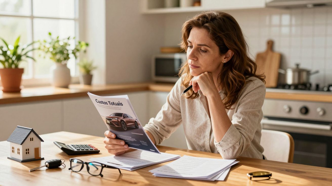 Mulher a analisar documentos sobre custos totais numa cozinha, com calculadora e objetos pessoais na mesa.