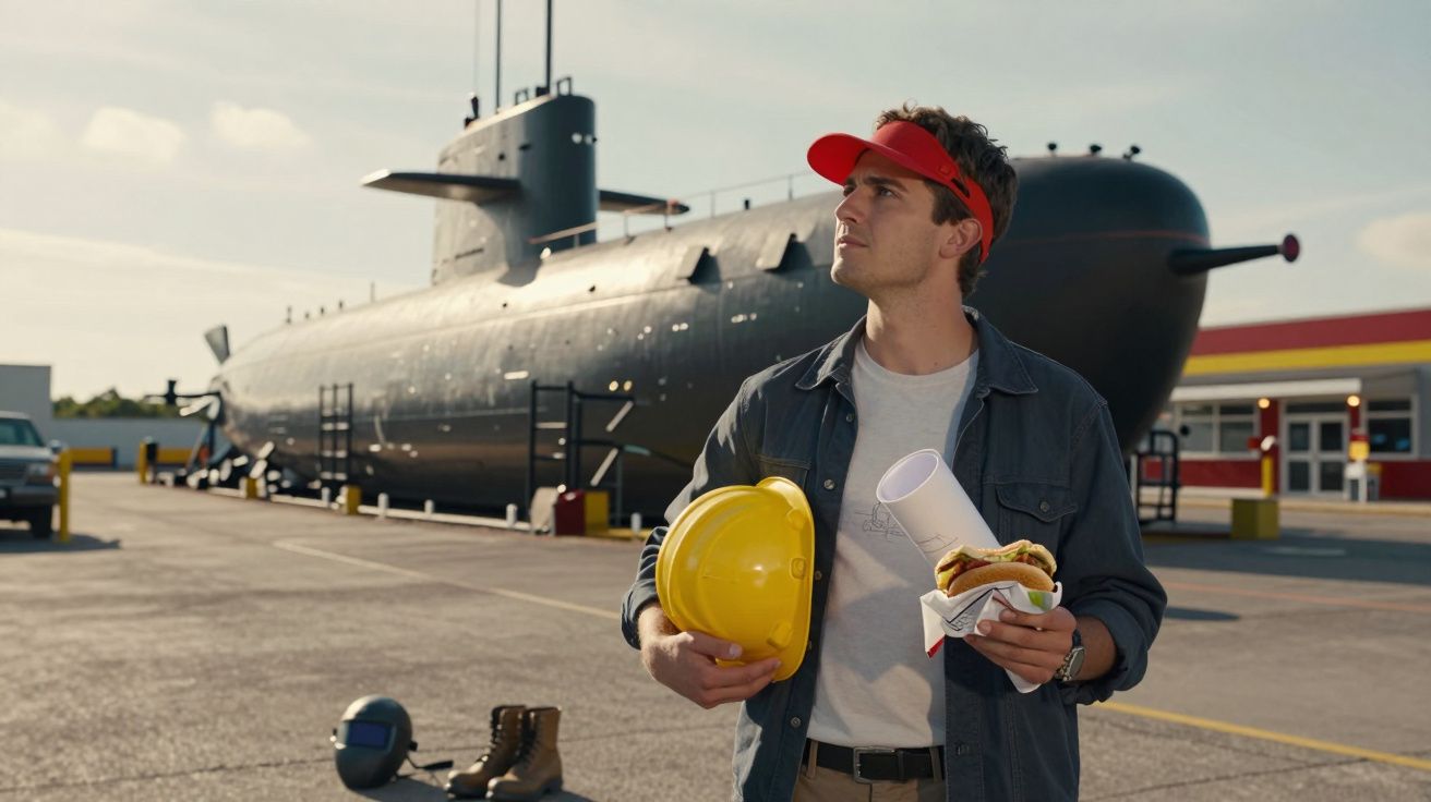 Homem com capacete amarelo e comida na mão em frente a um submarino preto estacionado ao ar livre.
