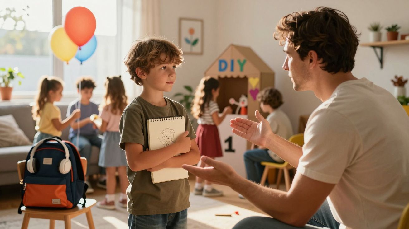 Criança com caderno desenhado, a falar com adulto, enquanto outras crianças brincam numa sala iluminada.