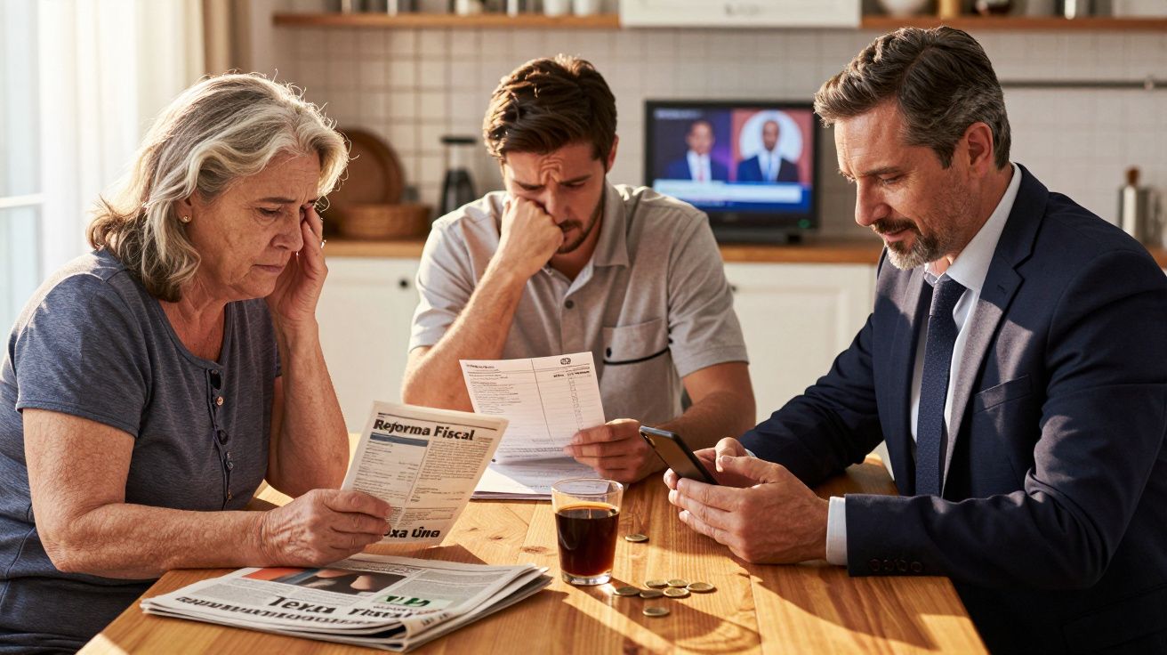 Três pessoas preocupadas analisam contas e documentos à mesa de cozinha, com televisão ligada ao fundo.