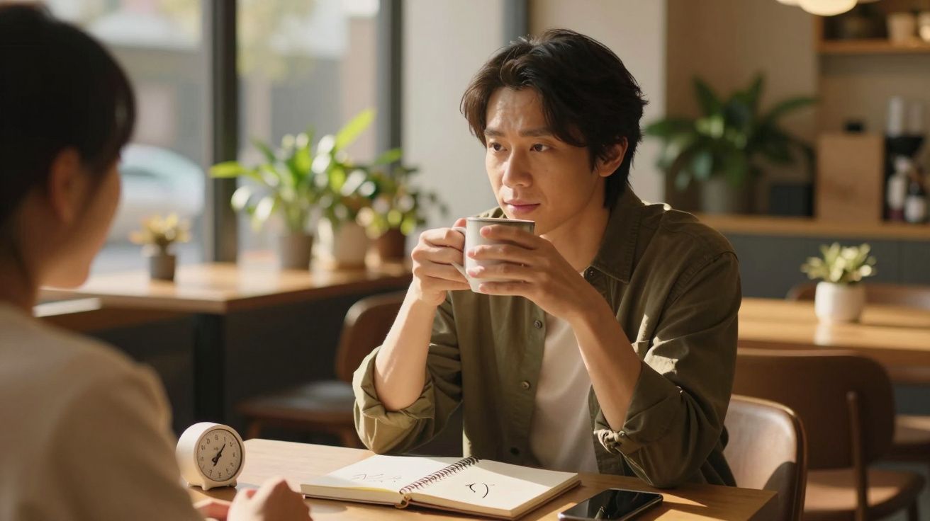 Homem a beber café enquanto conversa com outra pessoa numa mesa de café com caderno e telemóvel.