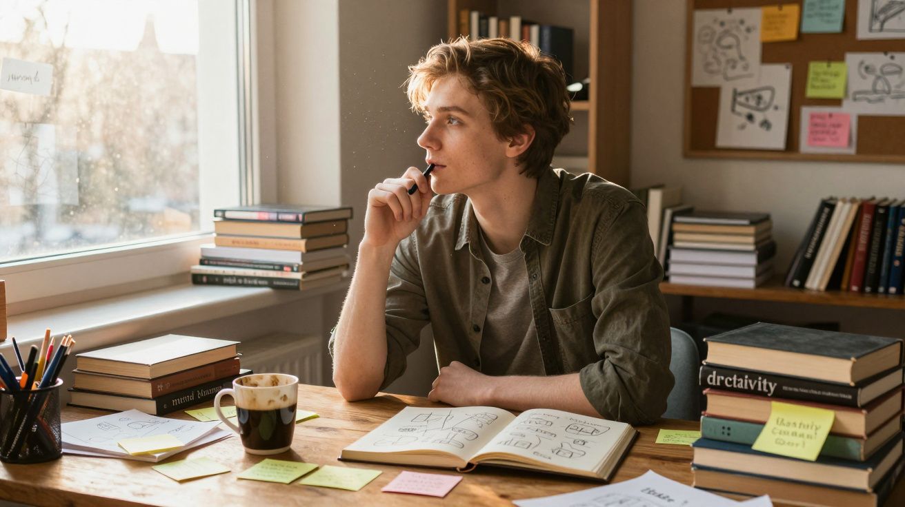 Jovem a refletir junto à janela, rodeado de livros, anotações e um caderno aberto com desenhos.