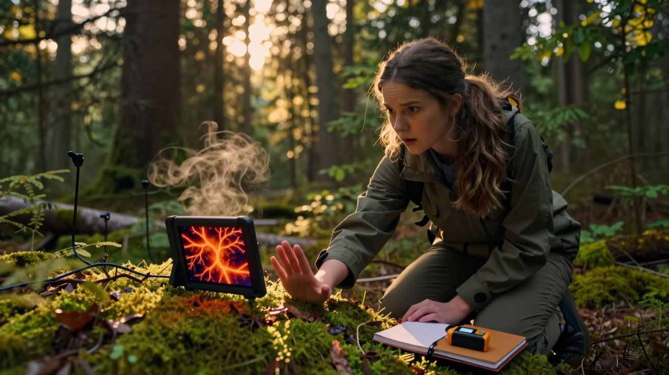 Mulher jovem em floresta observa e estuda monitor eletrónico com imagem brilhante e vapor visível.