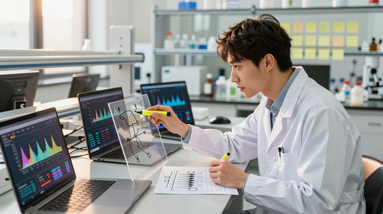 Cientista numa sala de laboratório a analisar gráficos em monitores e a desenhar esquemas com marcador amarelo.
