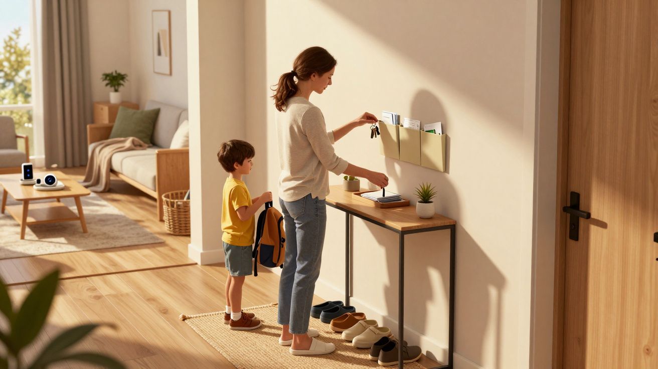 Mulher e criança organizam chaves e mochilas na entrada de uma casa moderna e iluminada.