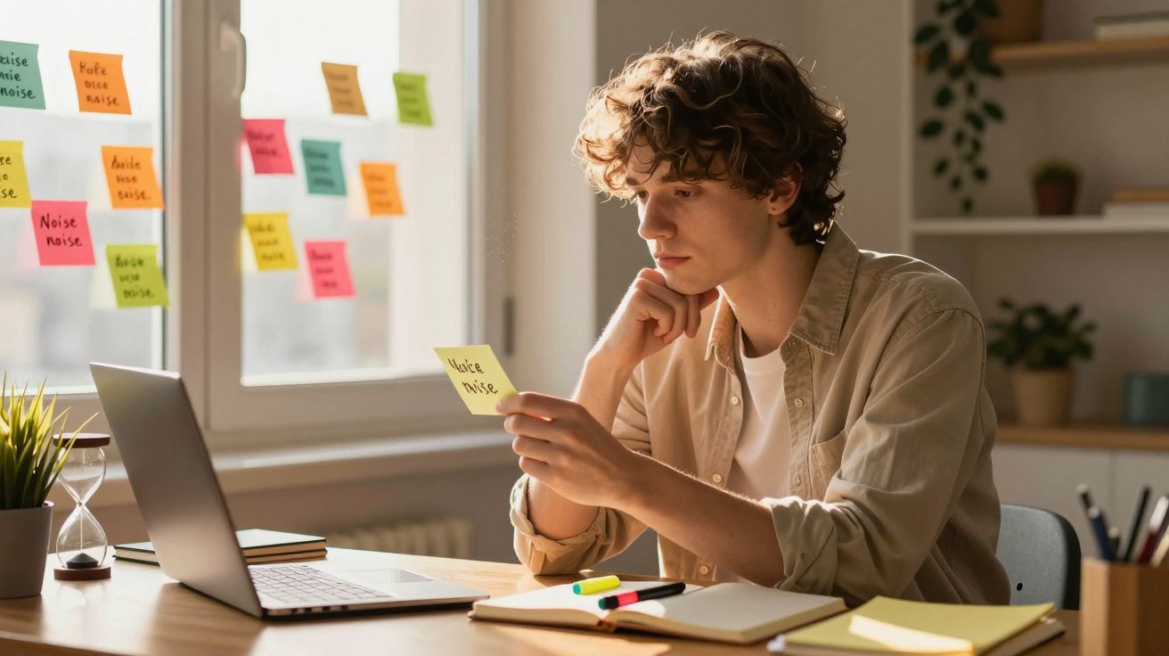 Jovem sentado a trabalhar num escritório em casa, a ler um post-it amarelo junto à janela com notas coloridas.
