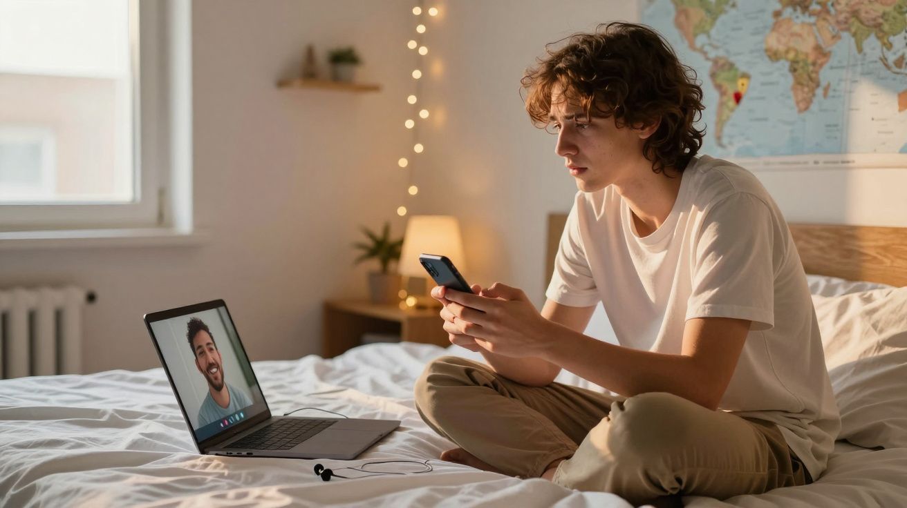 Jovem sentado na cama a usar telemóvel com chamada de vídeo aberta no portátil à sua frente num quarto iluminado.