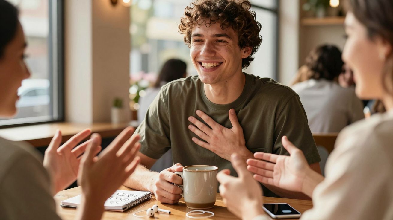 Jovem sorridente a segurar uma caneca enquanto conversa animadamente com amigos num café.