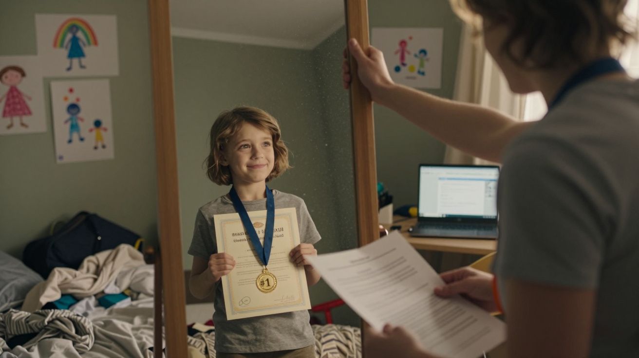 Criança feliz com medalha de ouro ao pescoço, segurando certificado e olhando para o espelho no quarto.