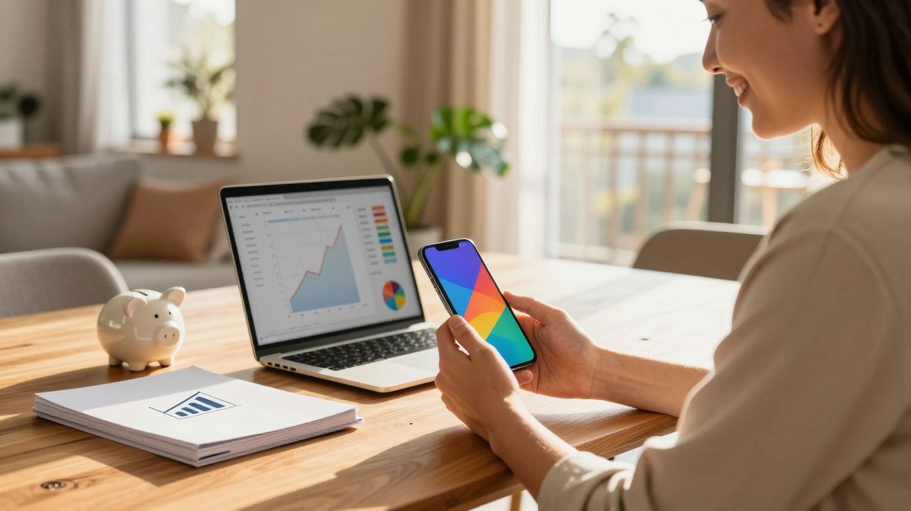 Mulher a trabalhar em casa com smartphone na mão e portátil com gráficos financeiros no ecrã.