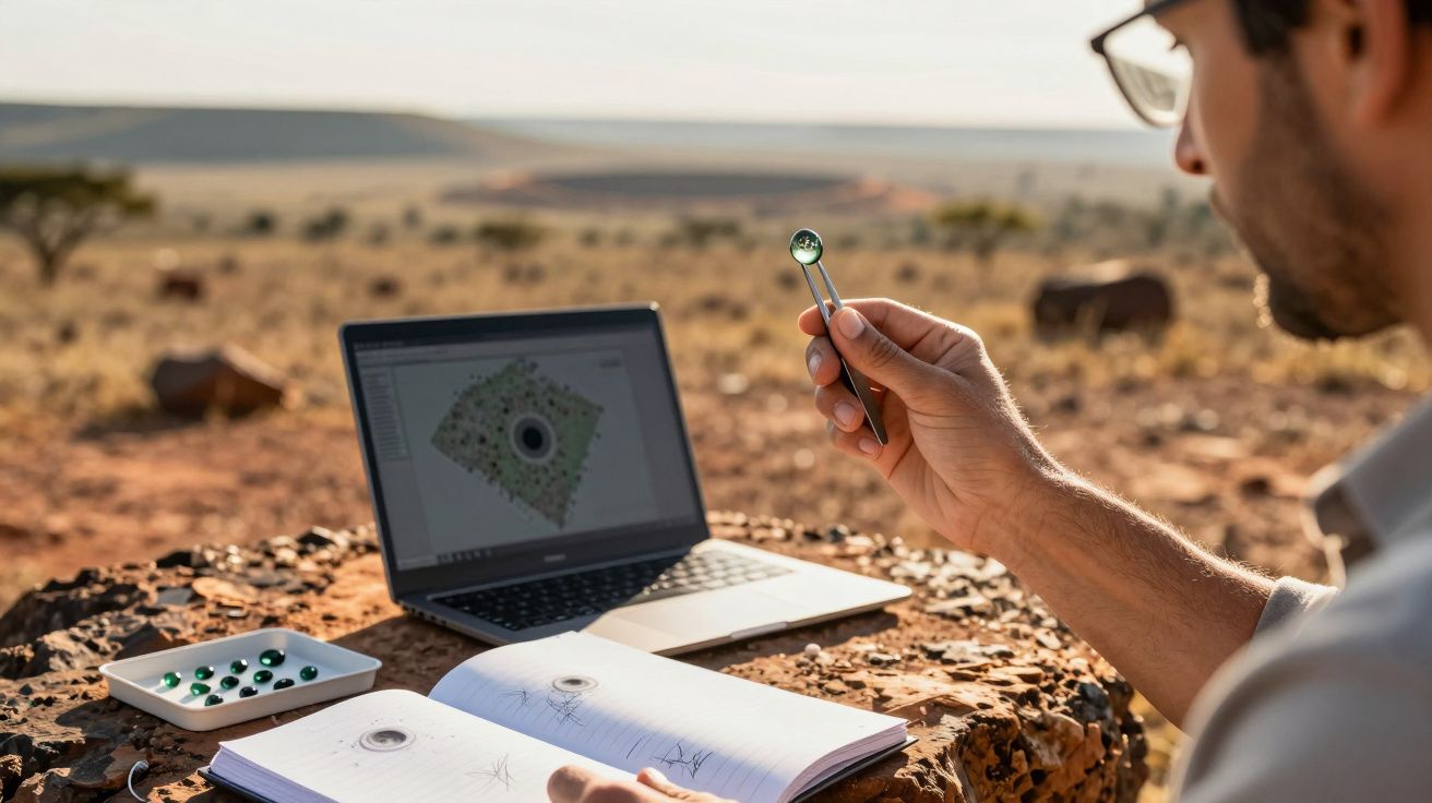 Pessoa segurando lente de aumento ao ar livre com computador e caderno sobre mesa de pedra.