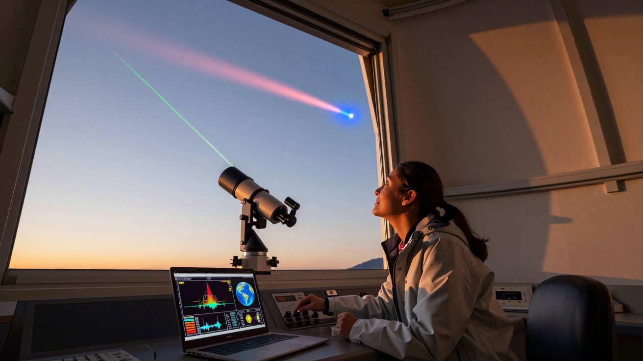 Mulher observa raio laser vindo de telescópio para objeto luminoso azul no céu ao pôr do sol.