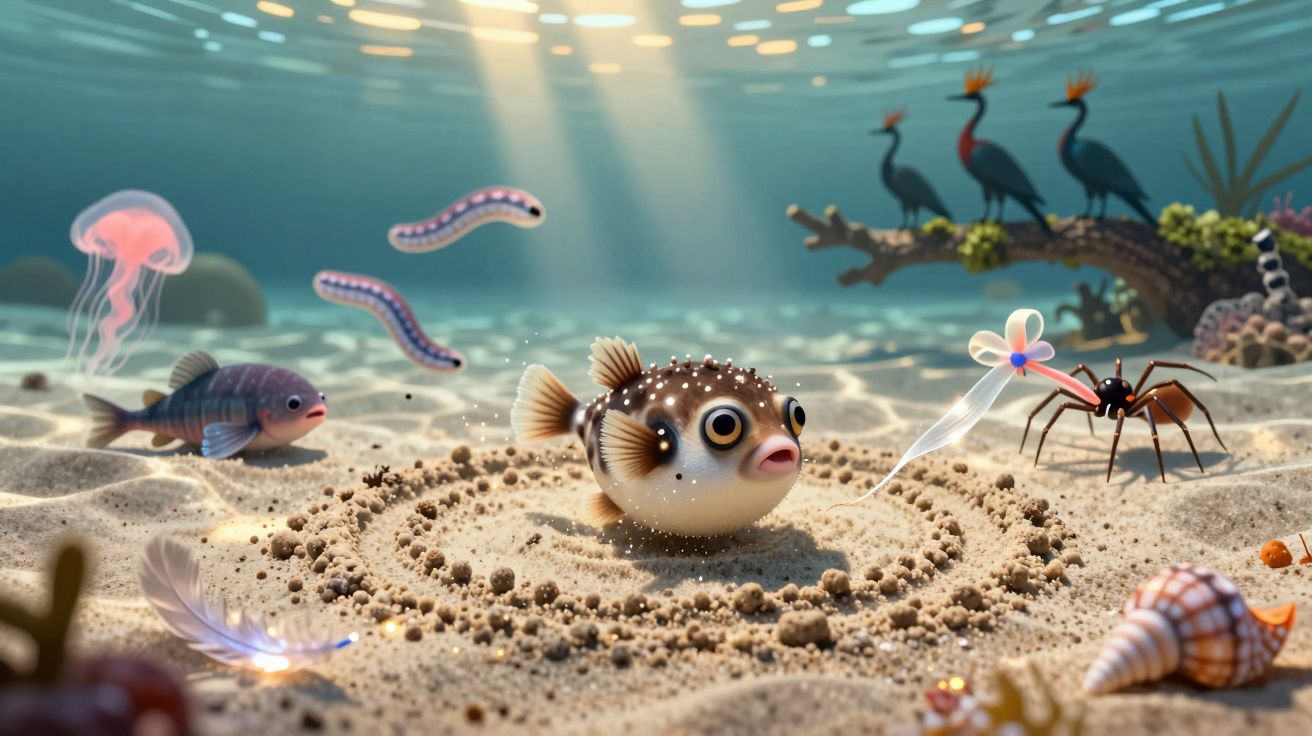 Peixe-baiacu bebé no fundo do mar rodeado de outros animais marinhos e um padrão circular de areia.