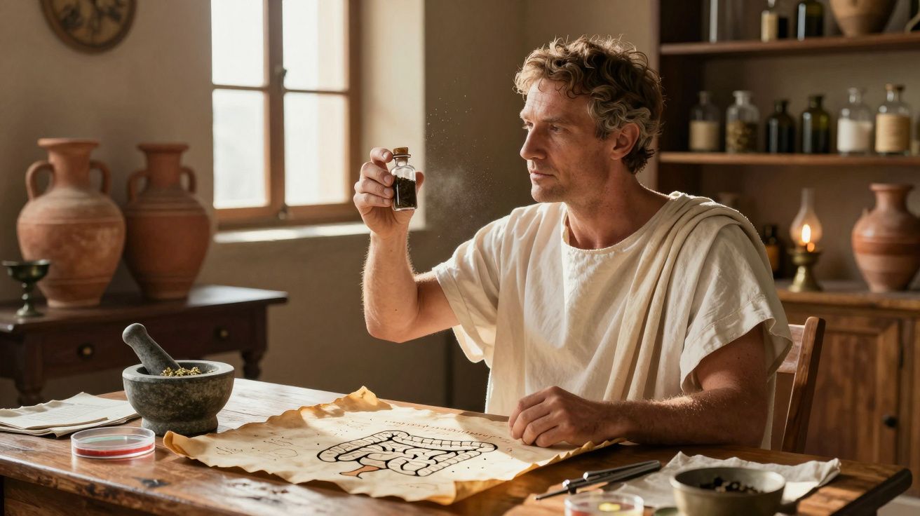 Homem romano antigo analisa frasco com líquido, com desenho de intestinos sobre mesa de madeira.