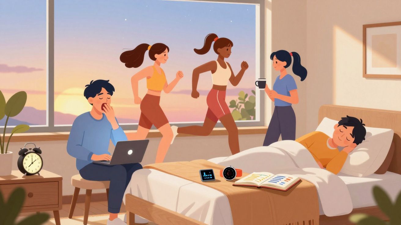 Quatro pessoas em quarto de manhã: duas a correr, uma a trabalhar no portátil e uma a dormir na cama.