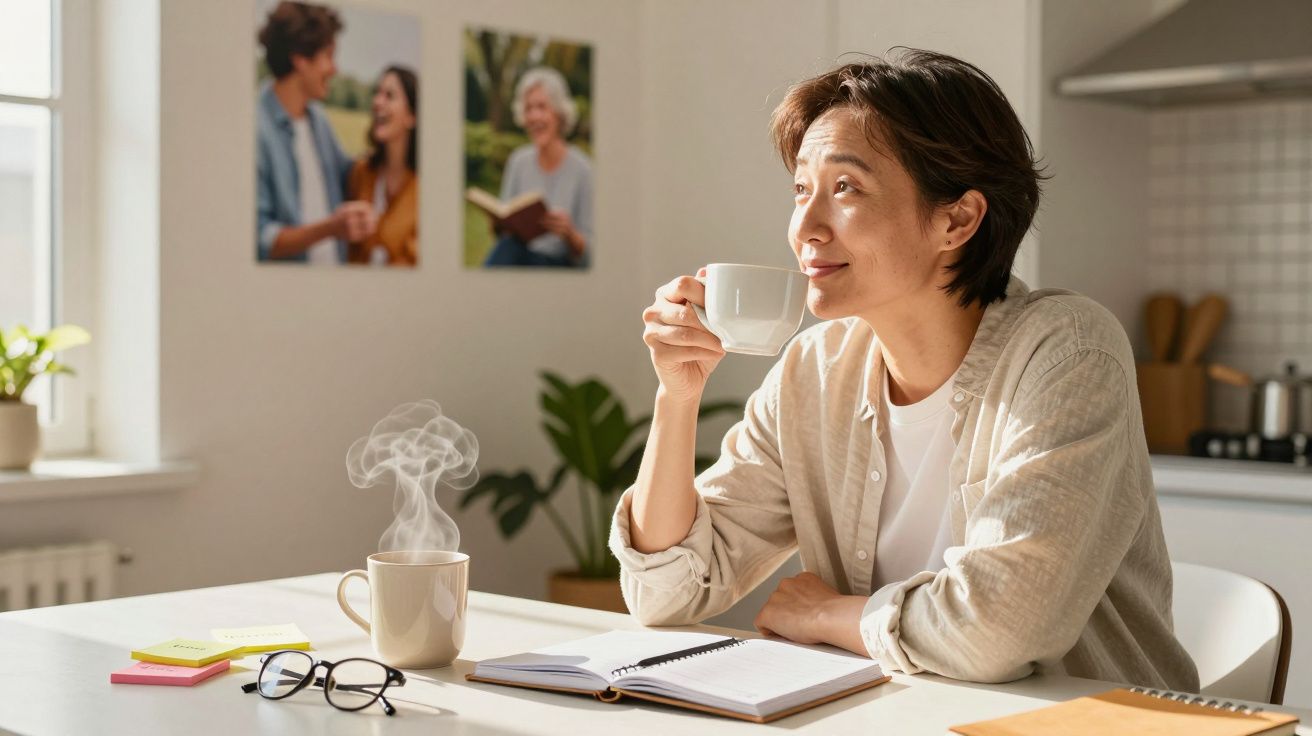 Pessoa sorridente a beber chá ou café enquanto está numa cozinha iluminada com caderno aberto à frente.