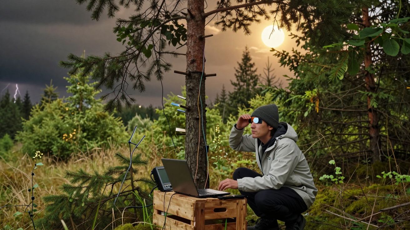 Homem com gorro e óculos escuros usa computador portátil numa floresta durante tempestade com relâmpago e lua visível.