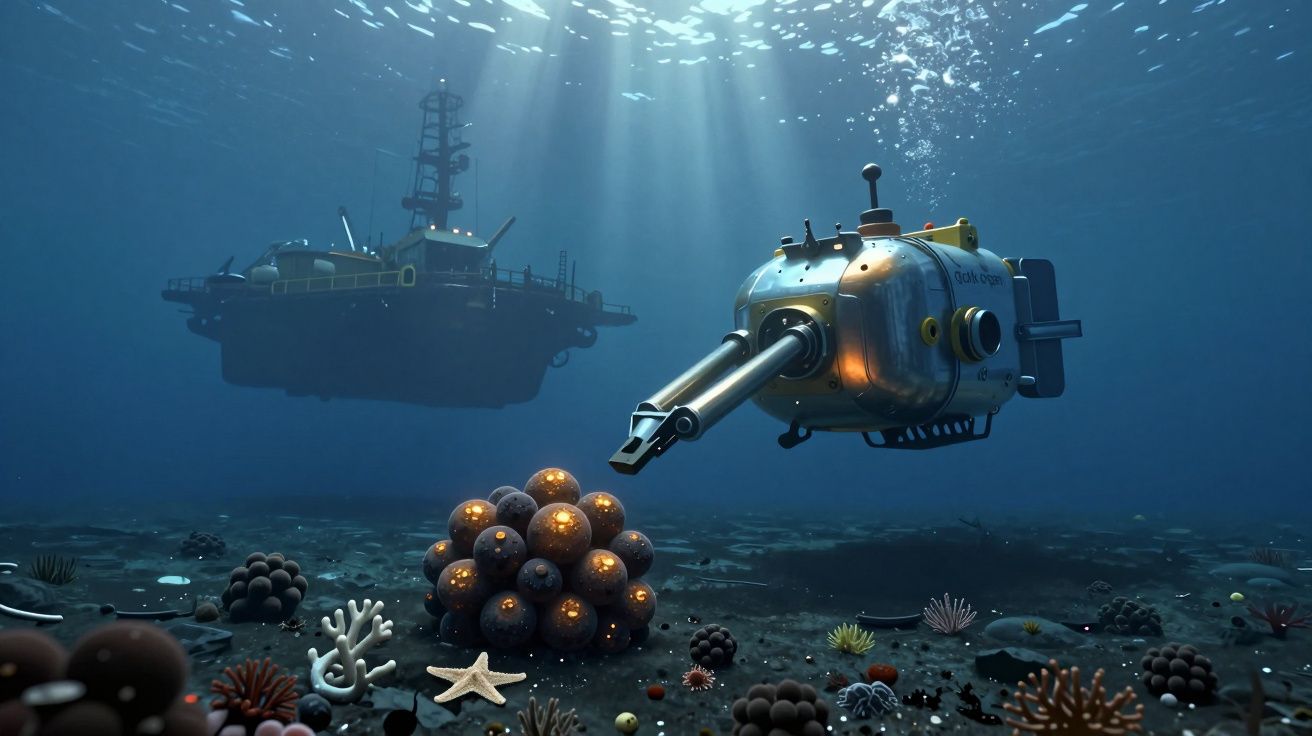 Submarino robótico explora o fundo do mar próximo a uma plataforma petrolífera à superfície.