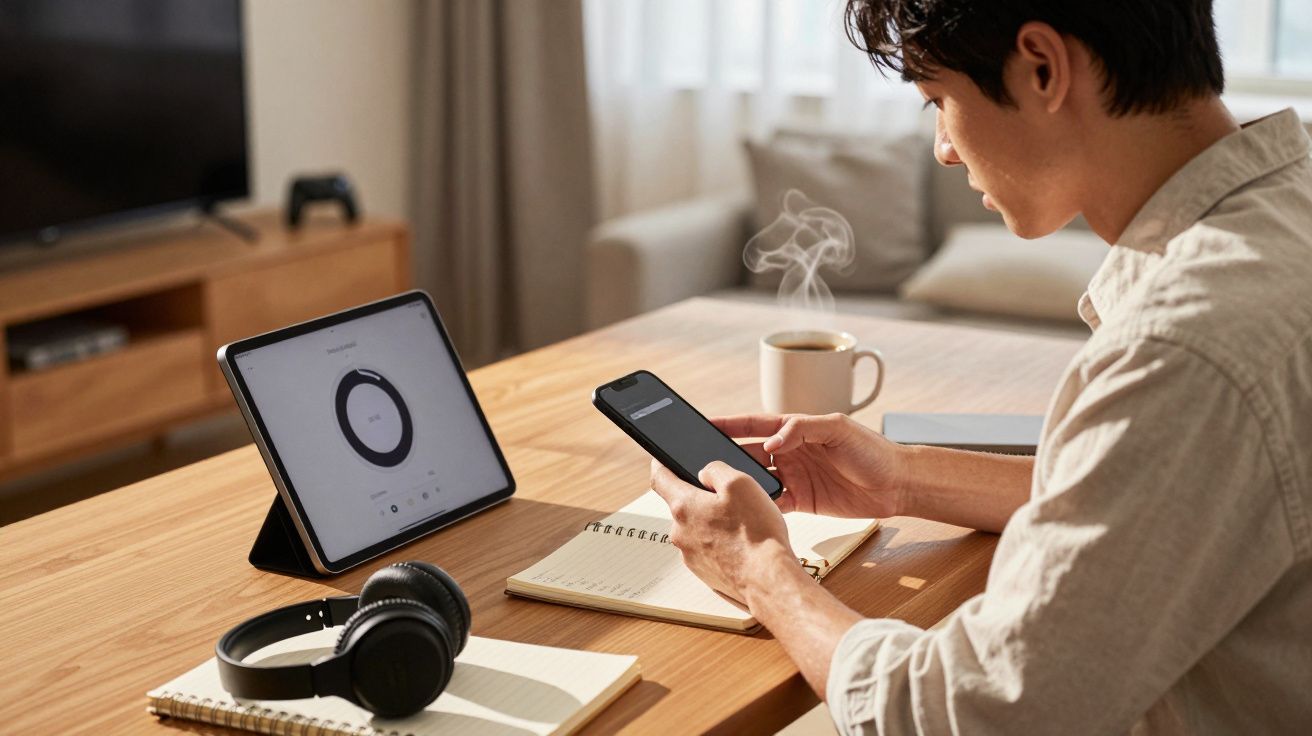Homem a usar telemóvel sentado numa mesa com tablet, caderno, auscultadores e chá quente no ambiente de trabalho.
