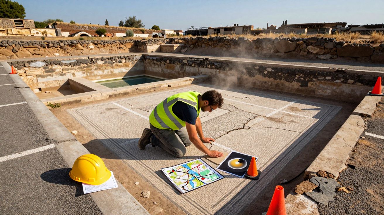 Arqueólogo analisa mosaico antigo numa escavação arqueológica ao ar livre durante o dia.