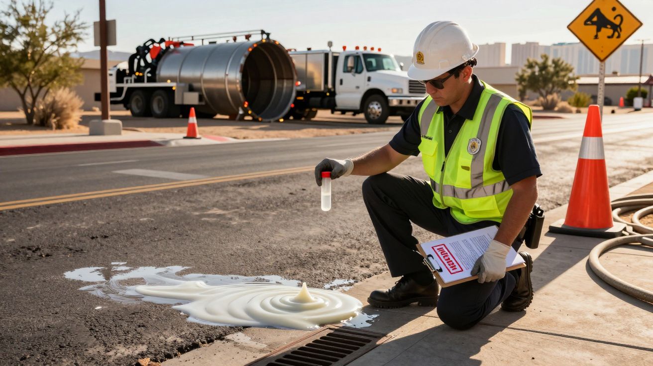 Homem com colete e capacete a recolher amostra de líquido branco derramado num pavimento junto a sarjeta.