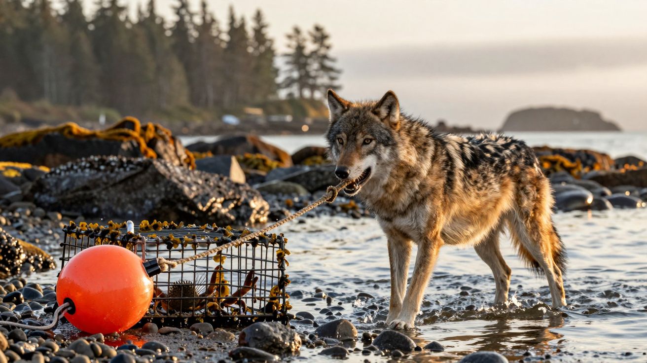 Lobo junto a uma armadilha de caranguejos na margem pedregosa de um lago ao pôr do sol.