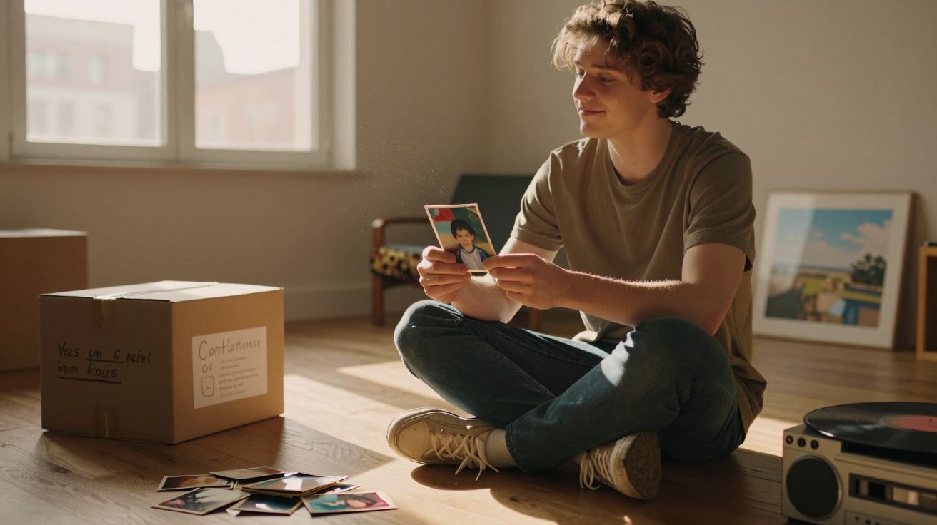 Jovem sentado no chão a olhar uma fotografia, rodeado por caixas e fotos espalhadas, com luz natural.