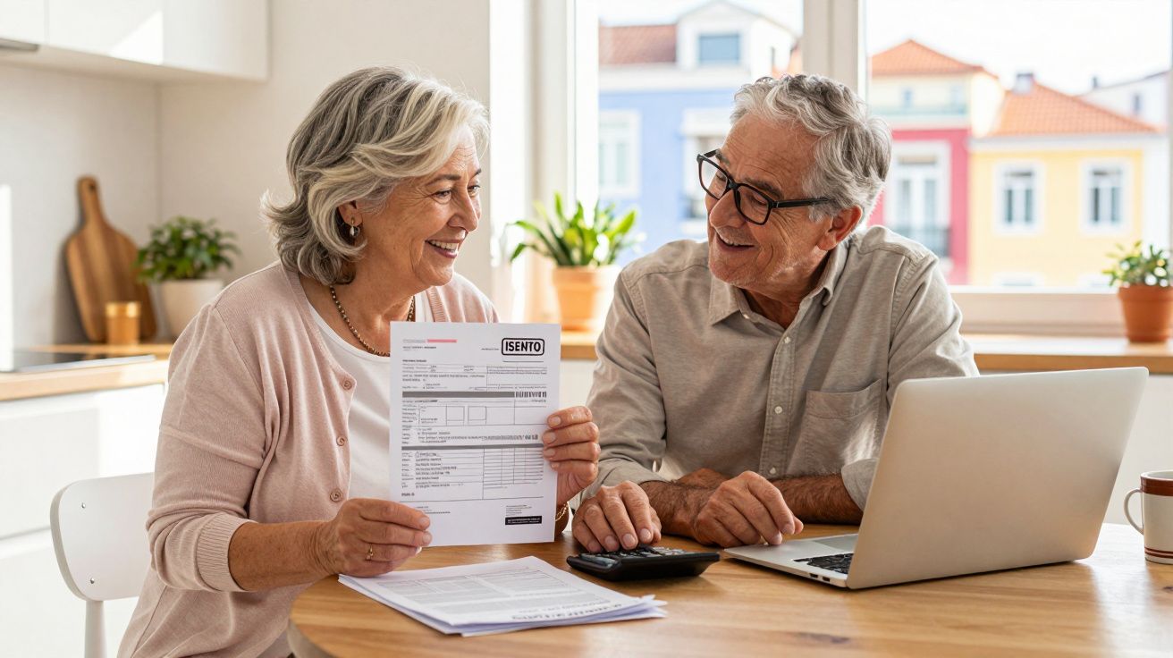 Casal sénior sentado à mesa a analisar faturas e usar calculadora junto a computador portátil.
