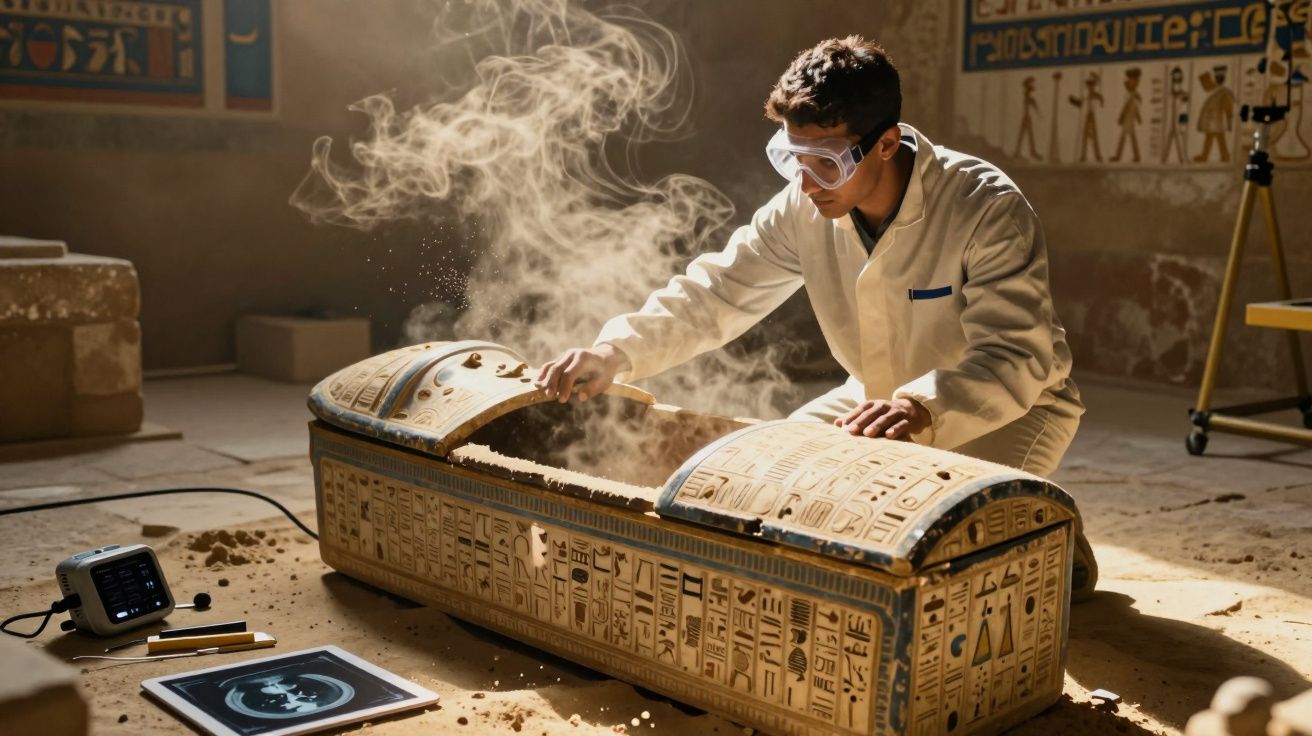 Arqueólogo em laboratório abre sarcófago egípcio antigo com pó a dispersar no ar.