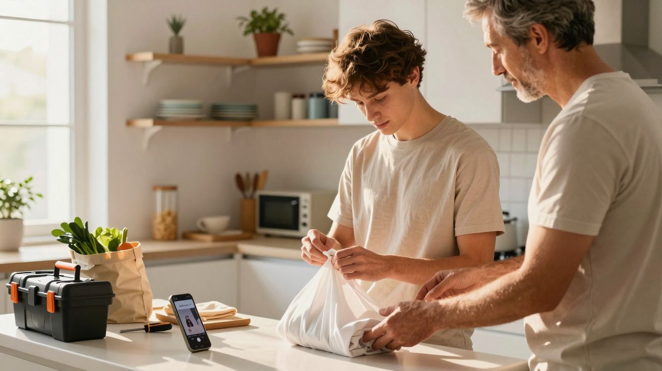 Pai e filho embrulham presente juntos numa cozinha moderna e iluminada.