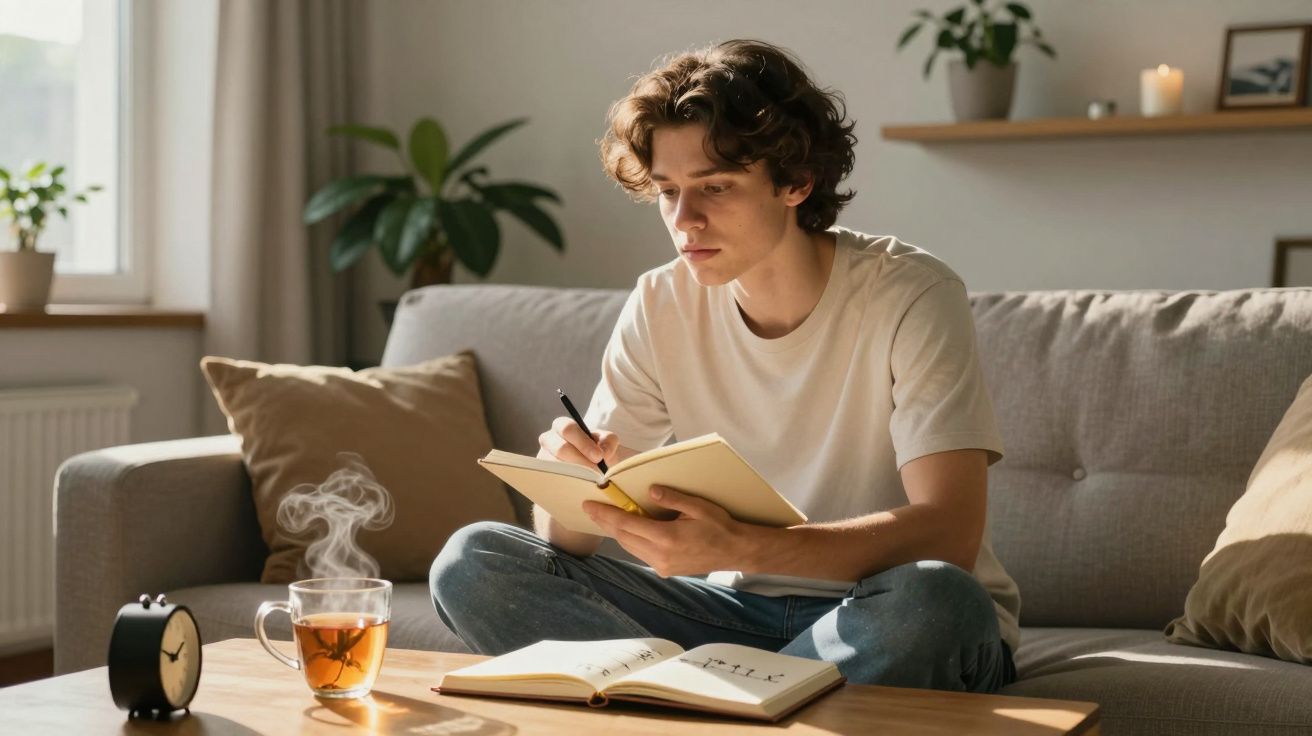 Jovem sentado no sofá a escrever num caderno, com chá quente e despertador na mesa à frente.