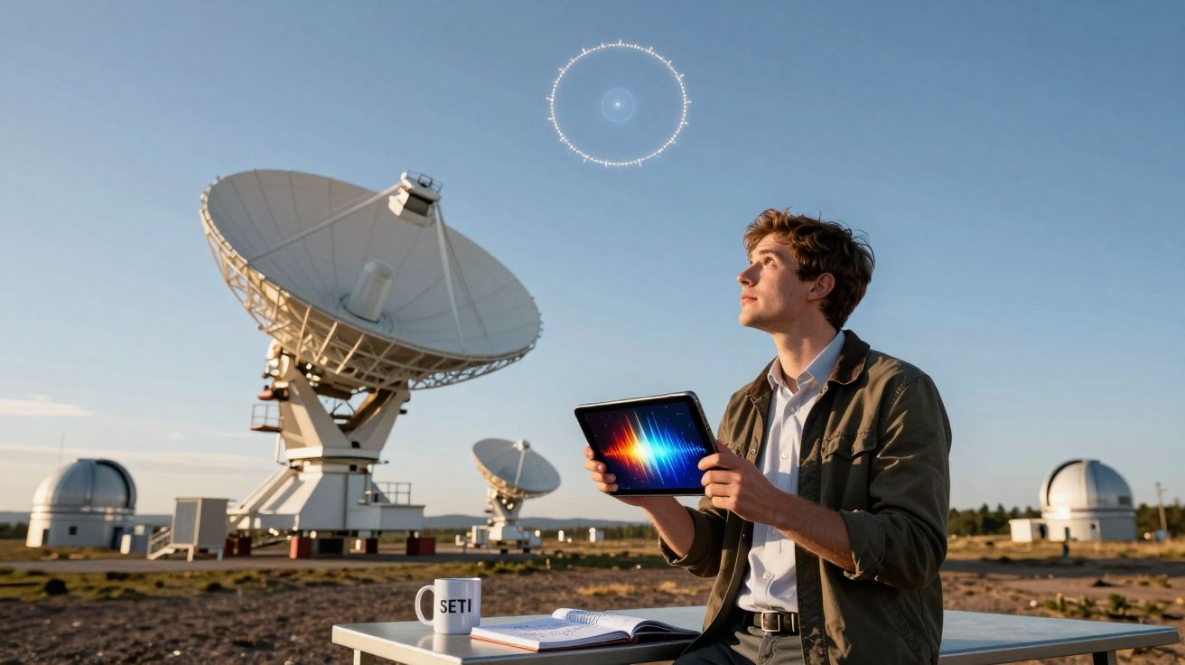 Homem sentado ao ar livre com tablet, antenas parabólicas e círculo luminoso no céu ao fundo.